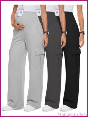 Maternity Scrub Pants Cargo Straight Leg Stretch Work Bottoms 3 Pack